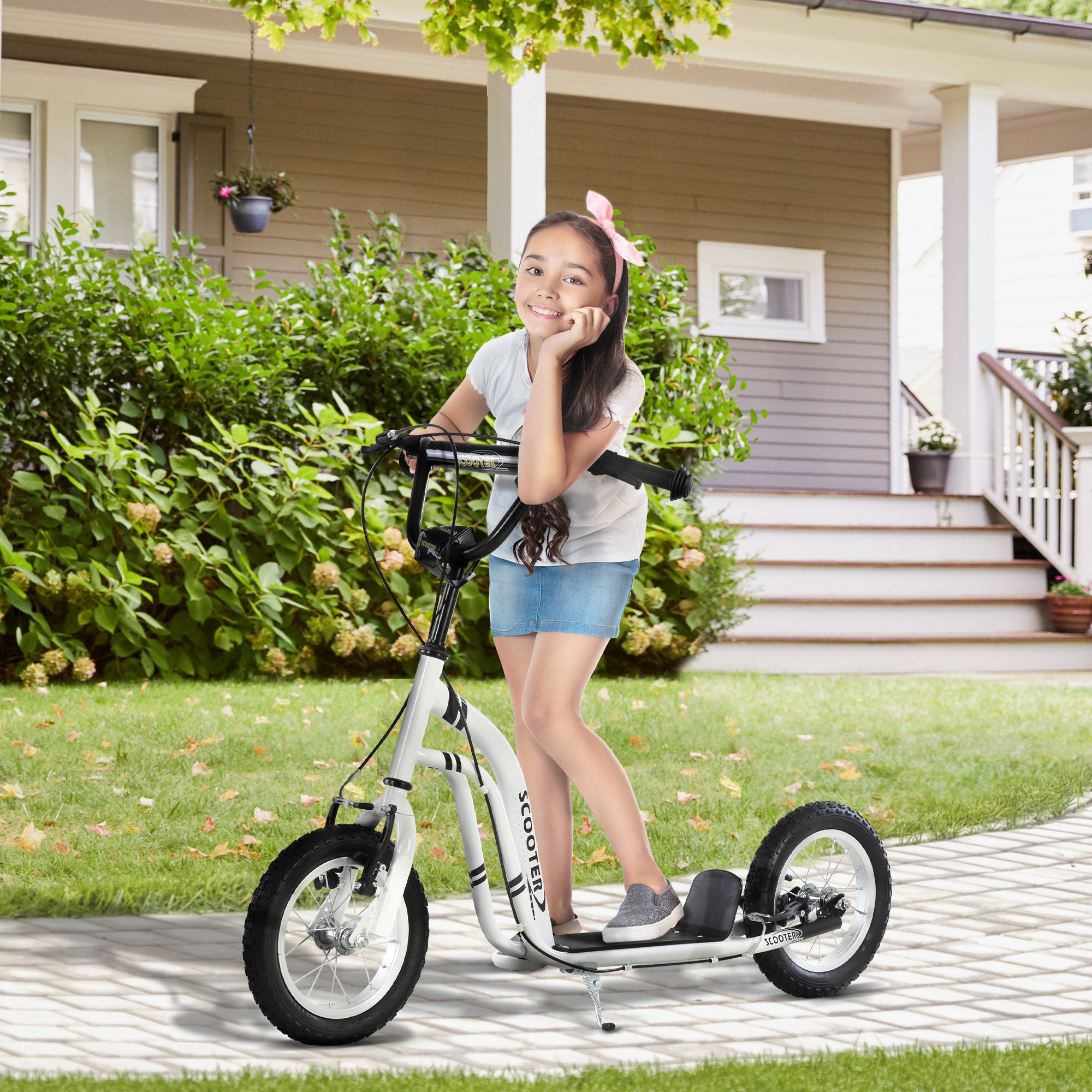 Youth Scooter Front and Rear Caliper Dual Brakes 12-Inch Inflatable Front Wheel Ride On Toy For Age 5+ - White
