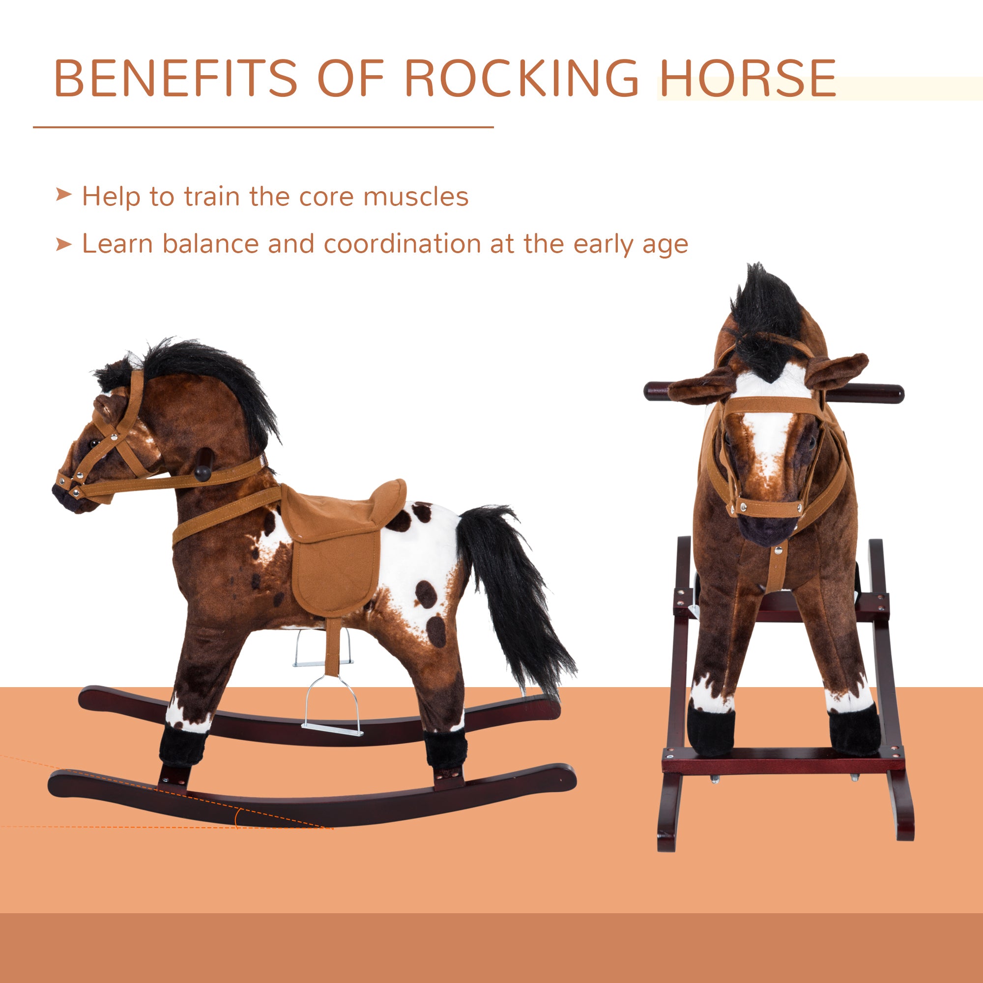 Rocking Horse Kids Plush Ride-On Toy Nursery Rhyme Music 18-36 Months Light Brown White Perfect Gift For Toddlers
