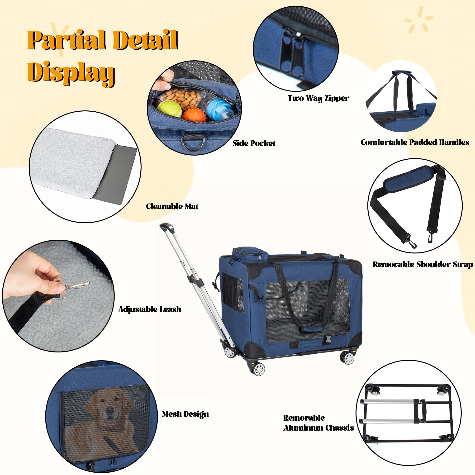 2 In 1, 24   Collapsible Travel Dog Crate For Medium Large Dogs, Rolling Pet Carrier With Wheels, 3-Door Portable Folding Pet Kennel With Mesh Windows, Indoor Outdoor Travel Use, Dark Blue