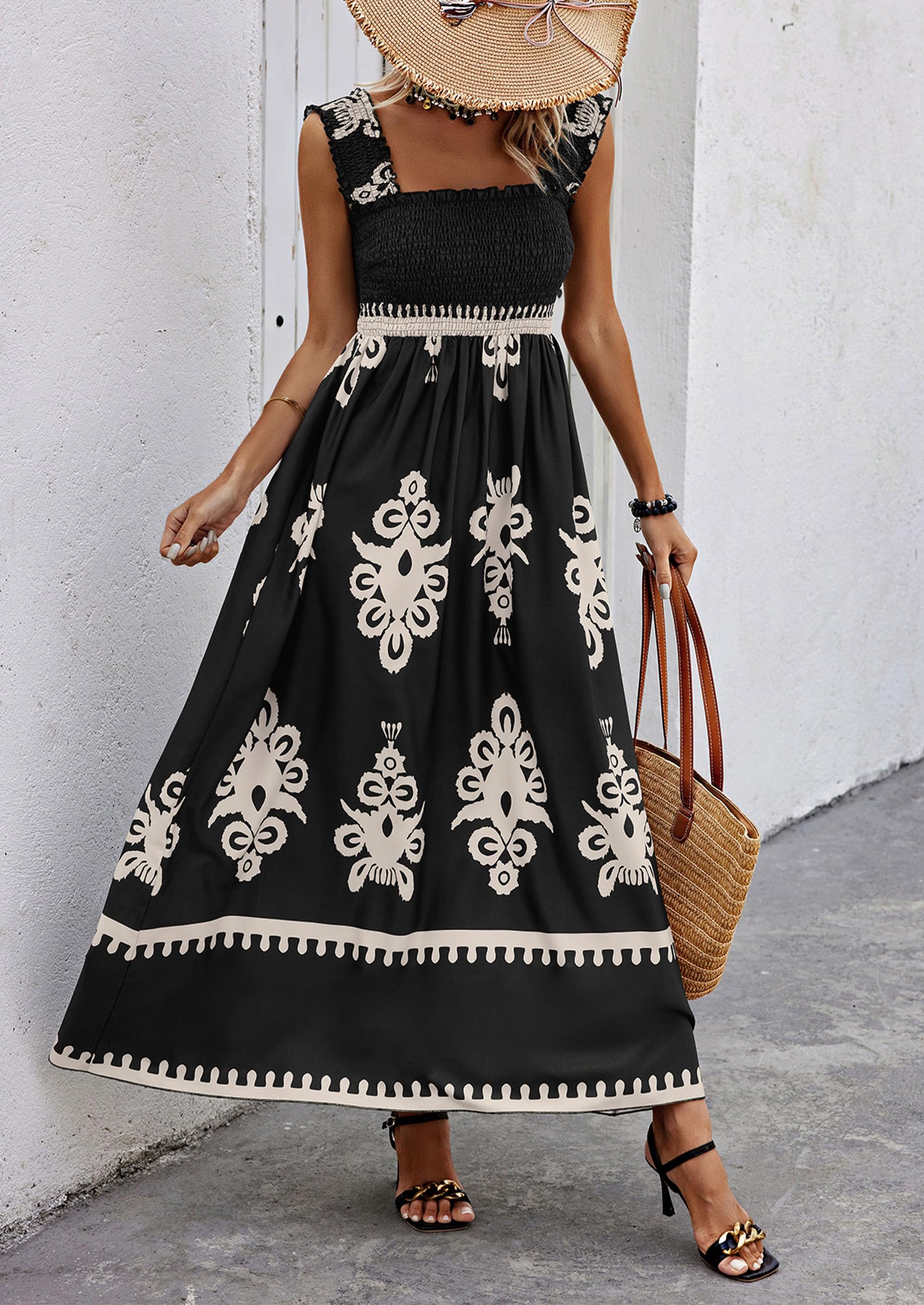 2026 NEW SUMMER Palace Style Printed Square Neck Dress, Elegant Lace Printed Hem, Soft Elastic Body Shaping, Slip Dress, Sleeveless Dress, Suitable For SUMMER, Women's Wear