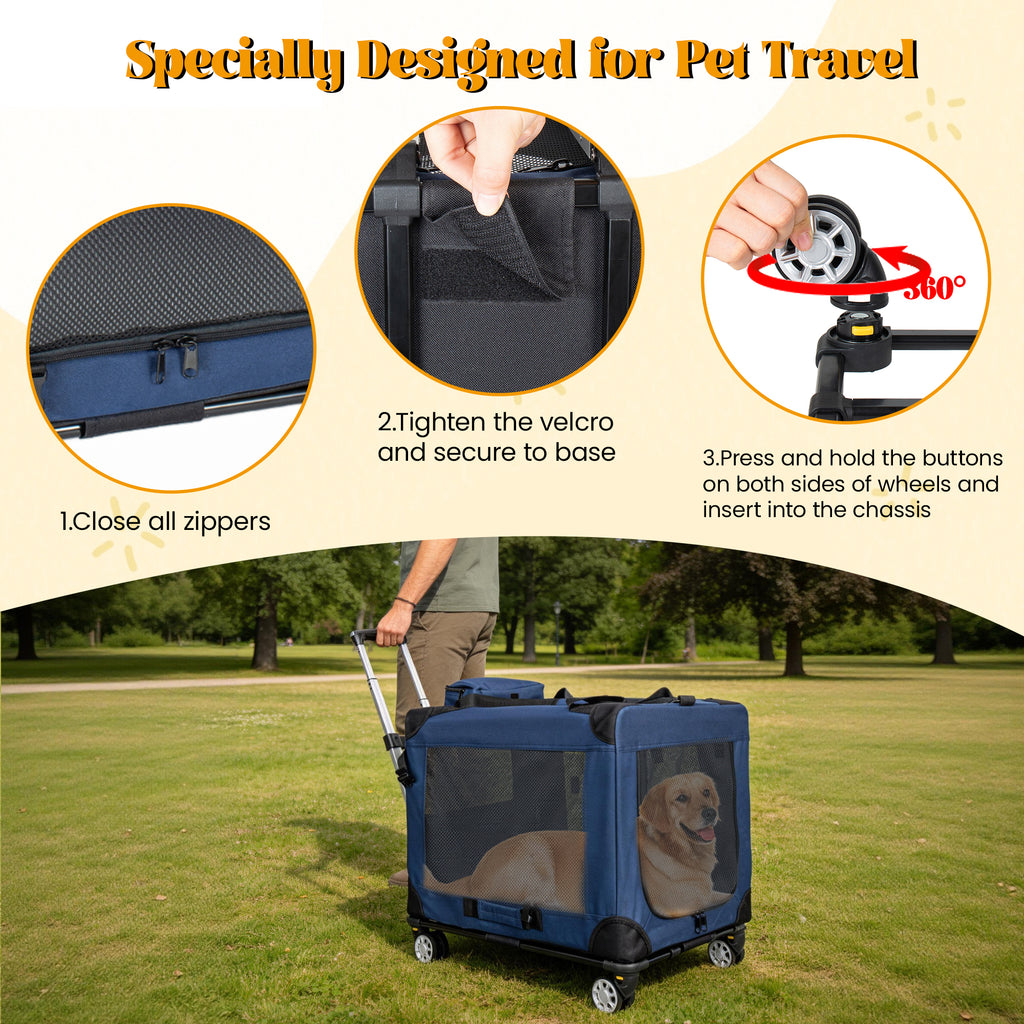 2 In 1, 24   Collapsible Travel Dog Crate For Medium Large Dogs, Rolling Pet Carrier With Wheels, 3-Door Portable Folding Pet Kennel With Mesh Windows, Indoor Outdoor Travel Use, Dark Blue