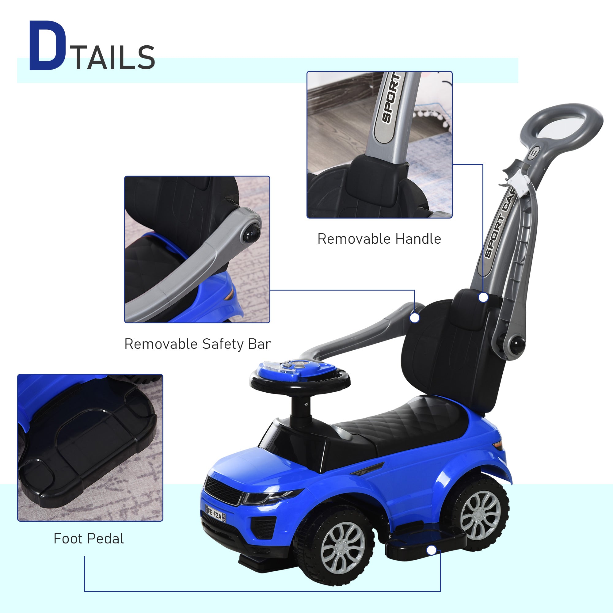 2 In 1 Push Cars for Toddlers Kid Ride on Push Car Stroller Sliding Car with Horn Music Light Function Secure Bar Ride on Toy for Boy Girl 1-3 Years Old Blue