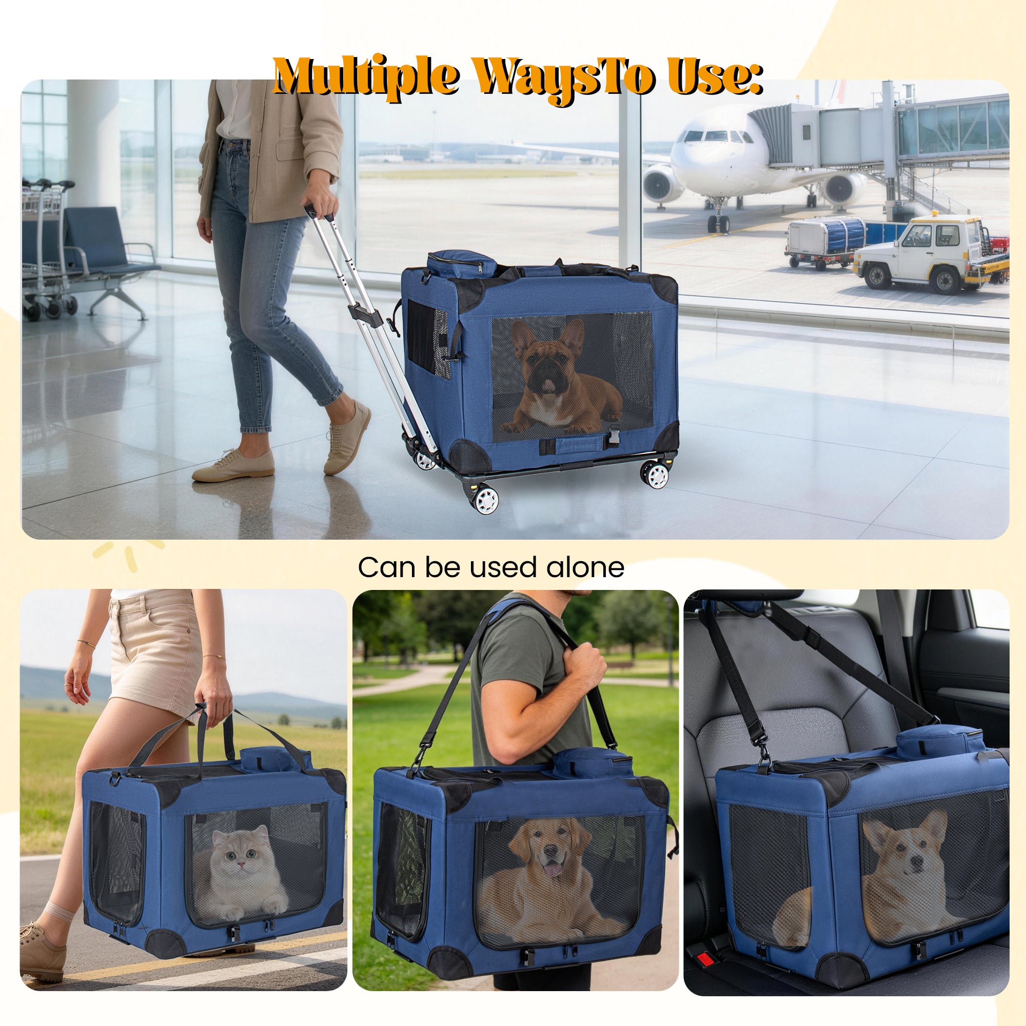 2 In 1, 24   Collapsible Travel Dog Crate For Medium Large Dogs, Rolling Pet Carrier With Wheels, 3-Door Portable Folding Pet Kennel With Mesh Windows, Indoor Outdoor Travel Use, Dark Blue