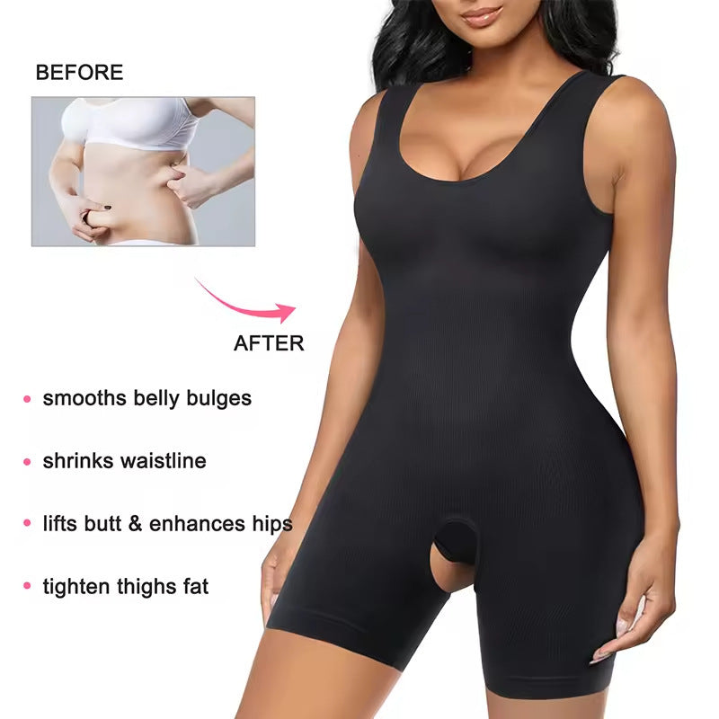 Plus Size Sleeveless Camisole Shapewear Bodysuit, Tummy Control Butt Lifting Breast Support Open Crotch Seamless Sculpting Body Shaper For Women