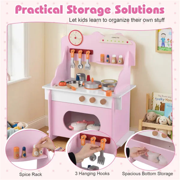 Pink Wooden Toddler Play Kitchen With Sink & Accessories, Safe Gift For Kids 3+
