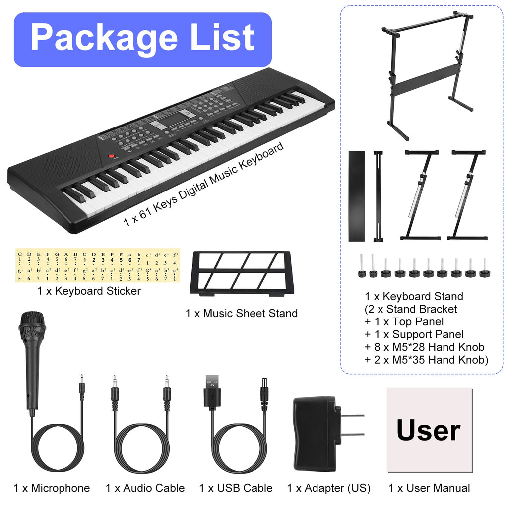 3 Types Options -- 1Pc 61 Keys Digital Music Keyboard Electric Piano Electronic Musical Instrument Kids Learning Keyboard With Microphone Stand For 3-12 Year Old Kids Girls Boys