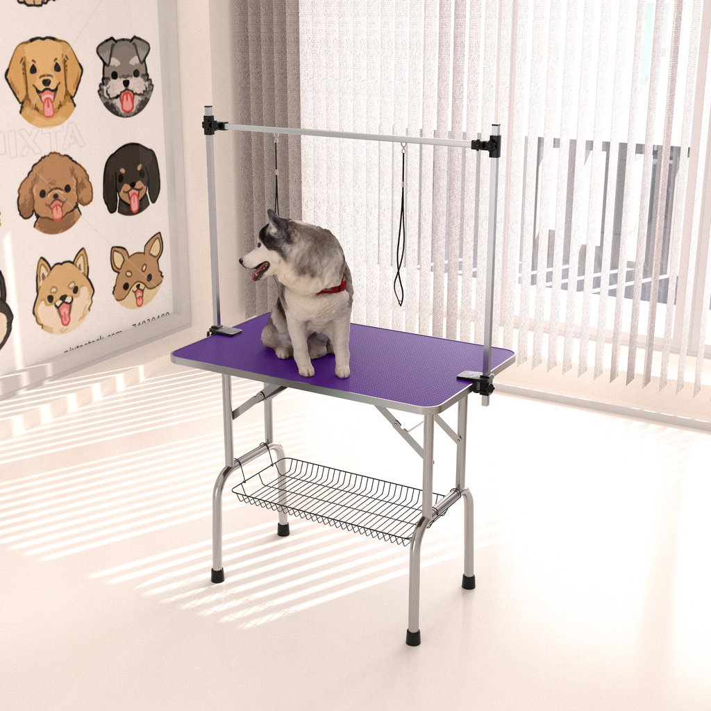 46  Folding Dog Pet Grooming Table Stainless Steel Frame Rubber Mat On Board With Adjustable Arm And Clamps Pet Dog Cat Grooming Table  PURPLE COLOR