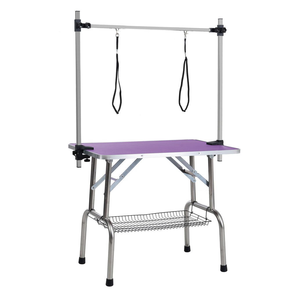 46  Folding Dog Pet Grooming Table Stainless Steel Frame Rubber Mat On Board With Adjustable Arm And Clamps Pet Dog Cat Grooming Table  PURPLE COLOR