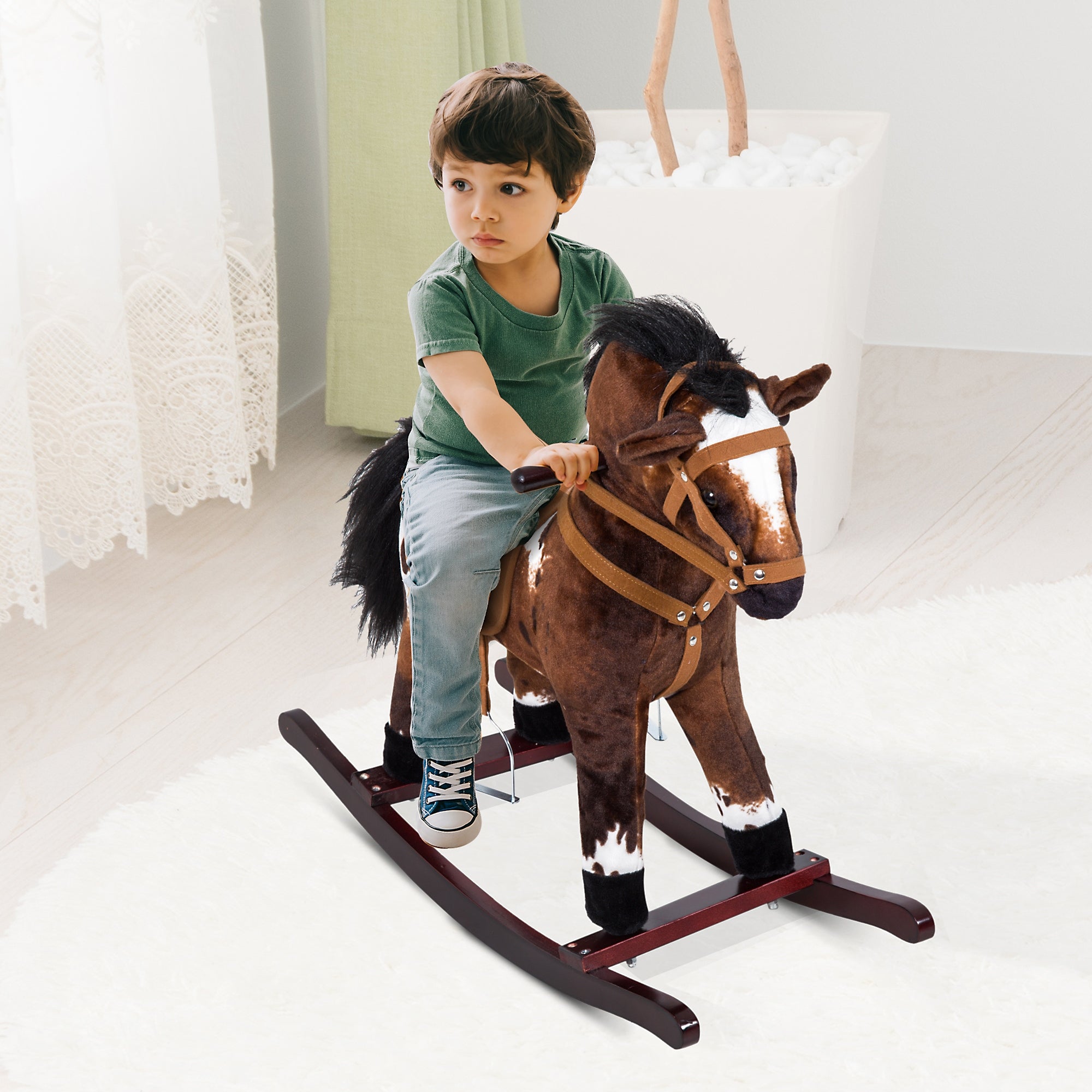 Rocking Horse Kids Plush Ride-On Toy Nursery Rhyme Music 18-36 Months Light Brown White Perfect Gift For Toddlers