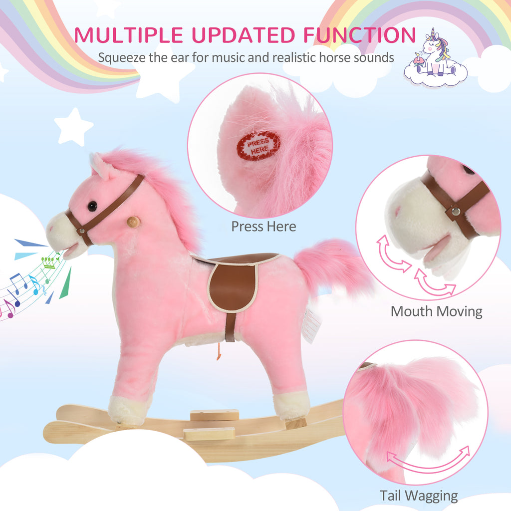 Rocking Horse Plush Animal on Wooden Rockers, Baby Rocking Chair with Sounds, Moving Mouth, Wagging Tail, Pink