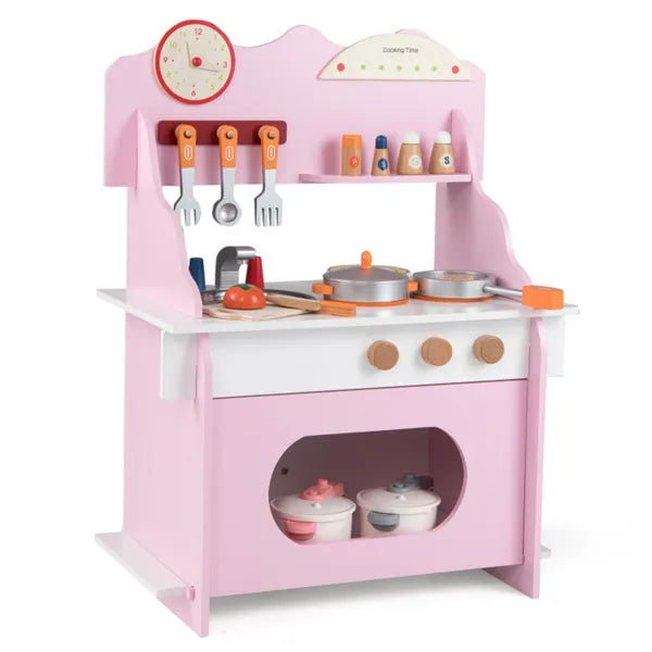 Pink Wooden Toddler Play Kitchen With Sink & Accessories, Safe Gift For Kids 3+