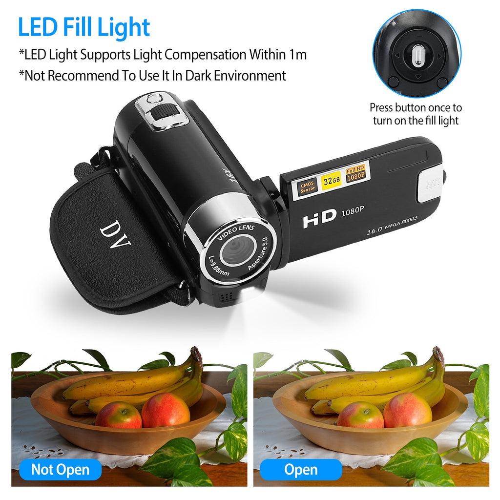 Black-Red Options - 1Pc HD 1080P Digital Video Camcorder 2.7in 16X Zoom DV Camera 270 Degree Rotation Rechargeable Kid Camera With Fill Light Selfie