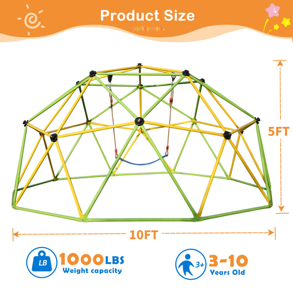 10FT Climbing Dome For Kids Jungle Gym Apply To Park Dome Climber With Swing Playground Equipment,Green
