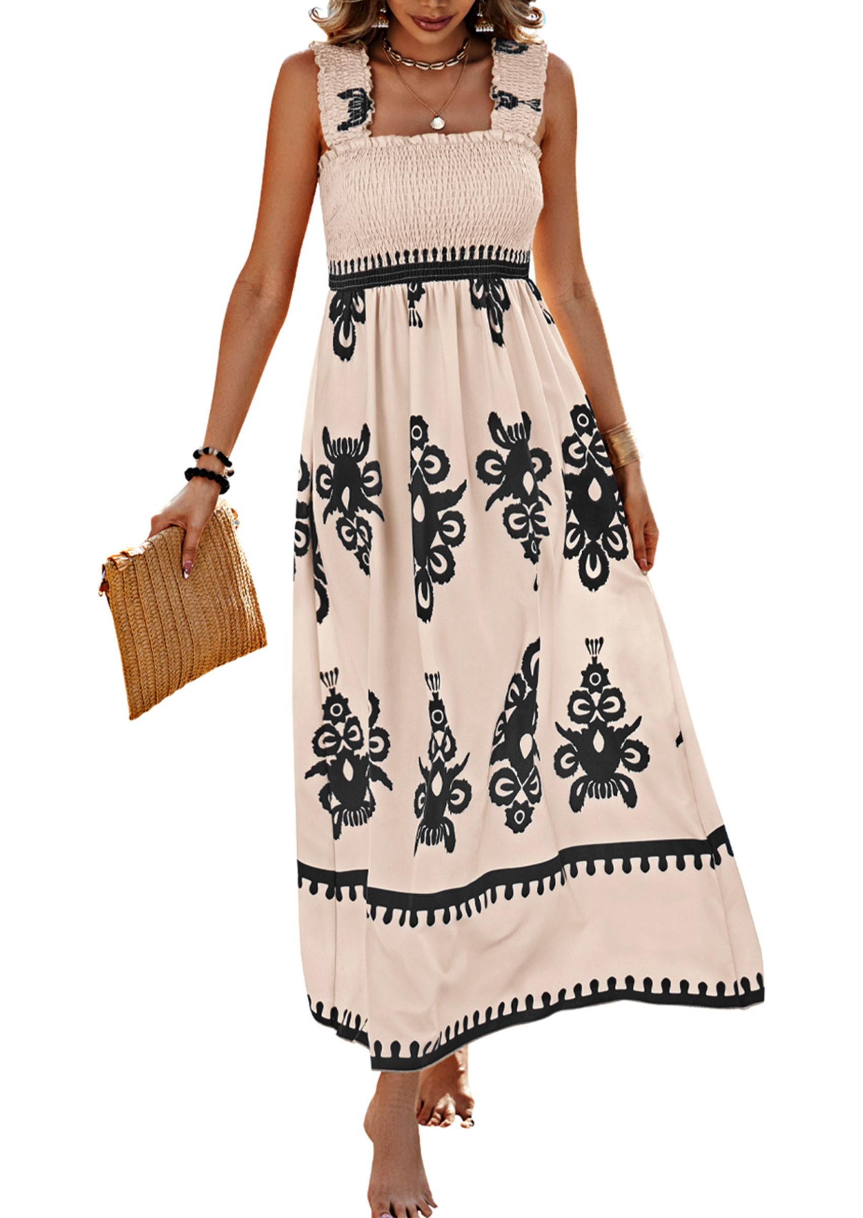 2026 NEW SUMMER Palace Style Printed Square Neck Dress, Elegant Lace Printed Hem, Soft Elastic Body Shaping, Slip Dress, Sleeveless Dress, Suitable For SUMMER, Women's Wear