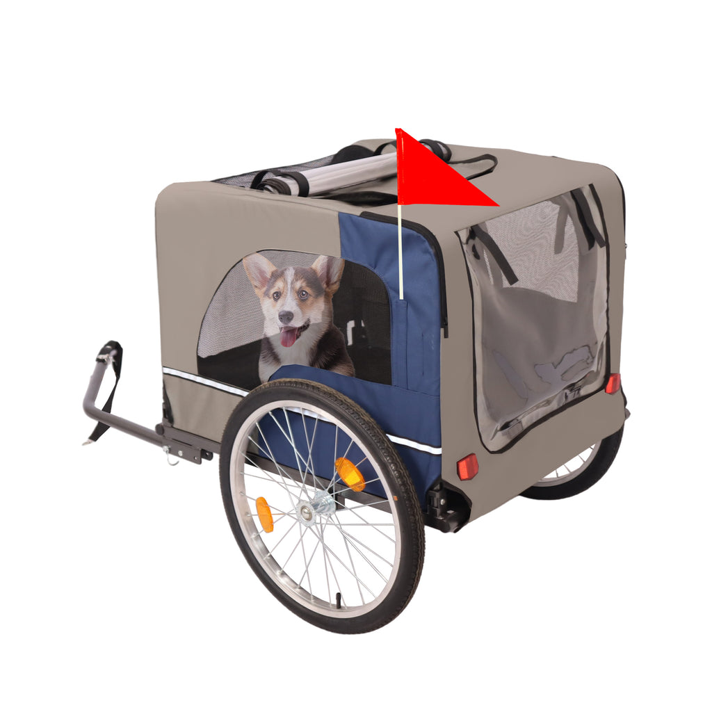 Dog Bike Trailer - Folding Pet Trailer Car For Bicycle, Folding Pet Carrier With 20 Inch Wheels, 2 Entrances, Safety Flag, Easy To Connect & Store