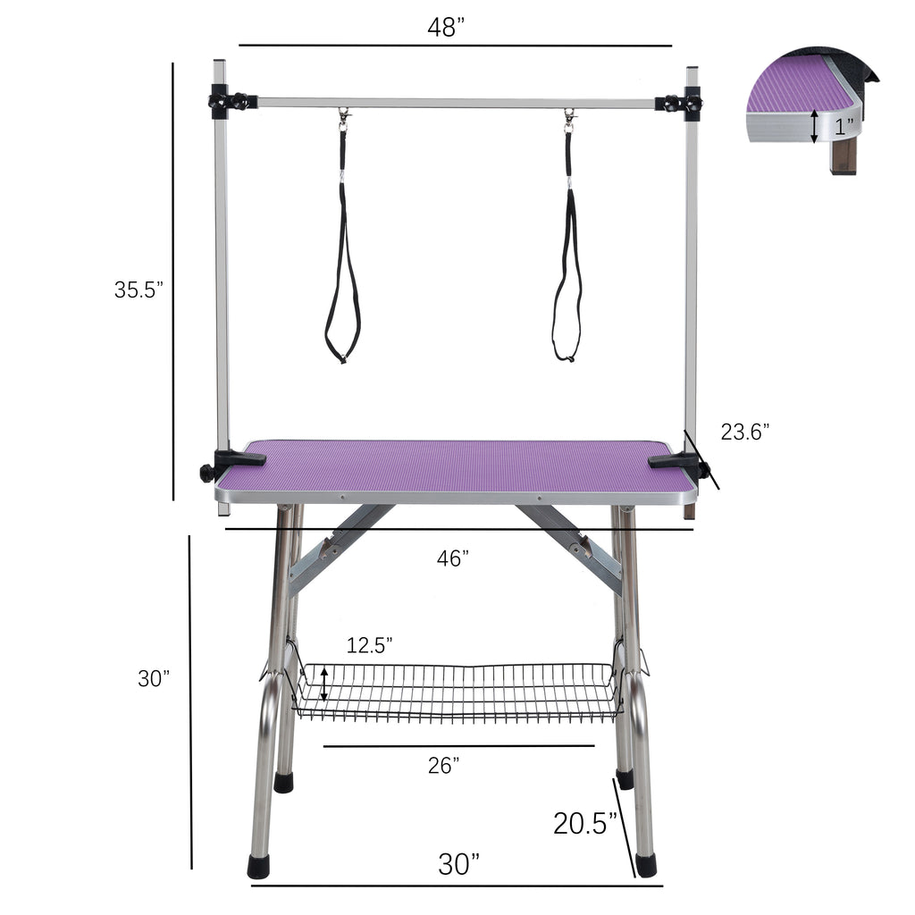 46  Folding Dog Pet Grooming Table Stainless Steel Frame Rubber Mat On Board With Adjustable Arm And Clamps Pet Dog Cat Grooming Table  PURPLE COLOR