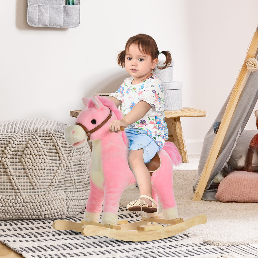 Rocking Horse Plush Animal on Wooden Rockers, Baby Rocking Chair with Sounds, Moving Mouth, Wagging Tail, Pink