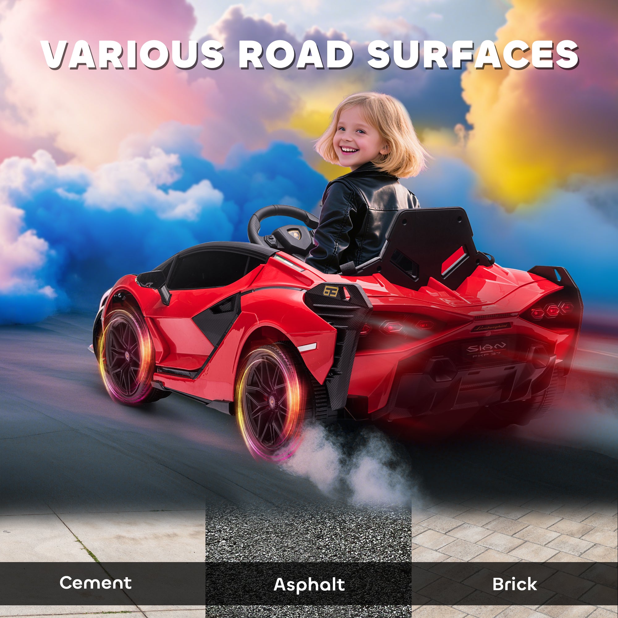 12V Lamborghini SIAN Licensed Electric Car for kids with Remote Control, Horn, Music, & Headlights, Red