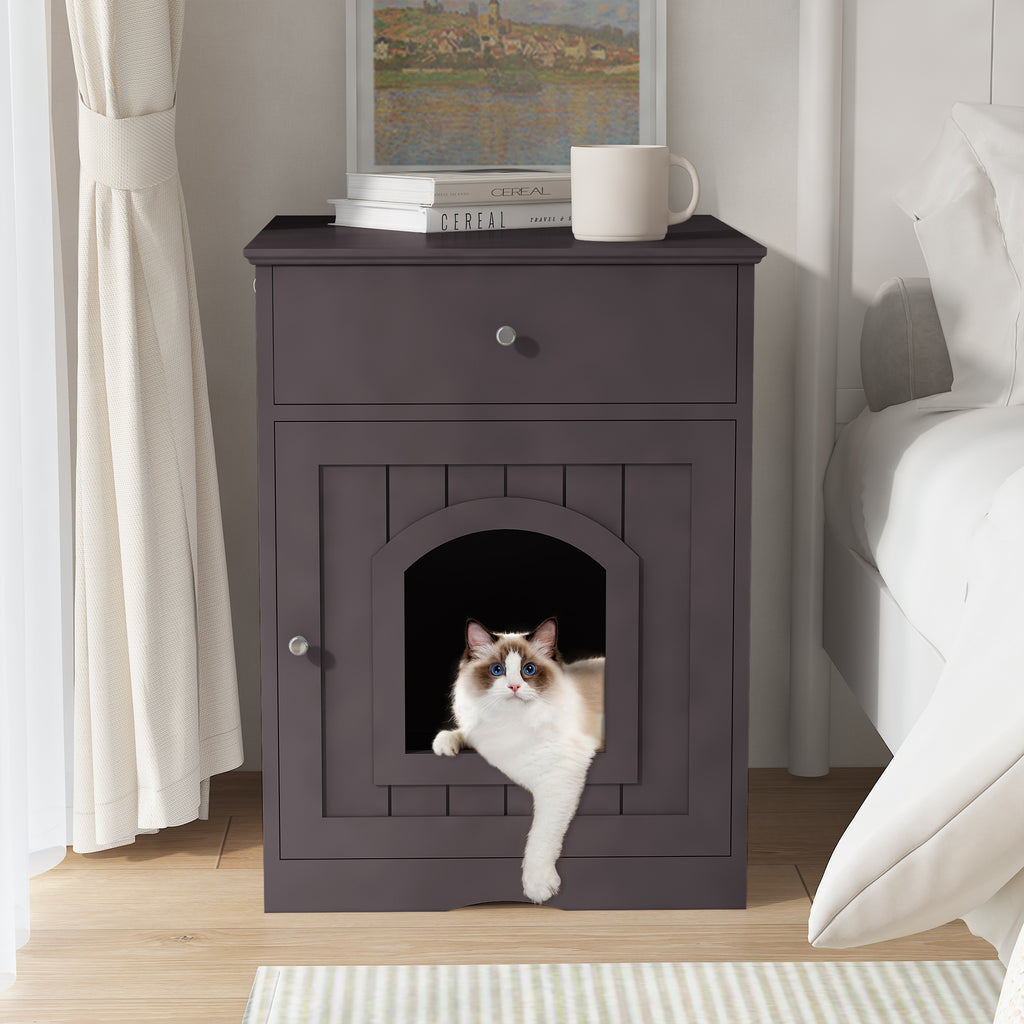 Wooden Pet House Cat Litter Box Enclosure With Drawer, Side Table, Indoor Pet Crate, Cat Home Nightstand Brown