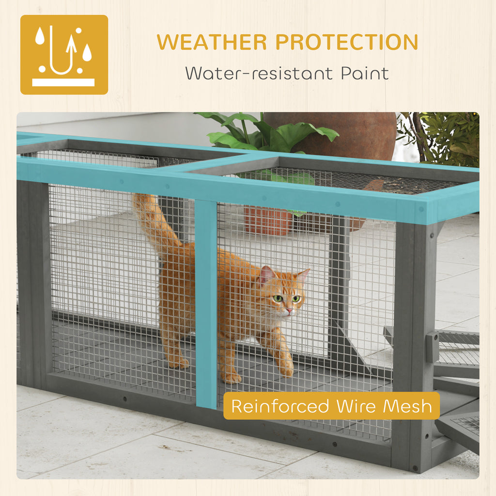 Outdoor Cat Tunnel, 59" Wooden Play Cat Enclosure, Extendable Pet Run With 3 Doors For Kitty, Puppy, Gray