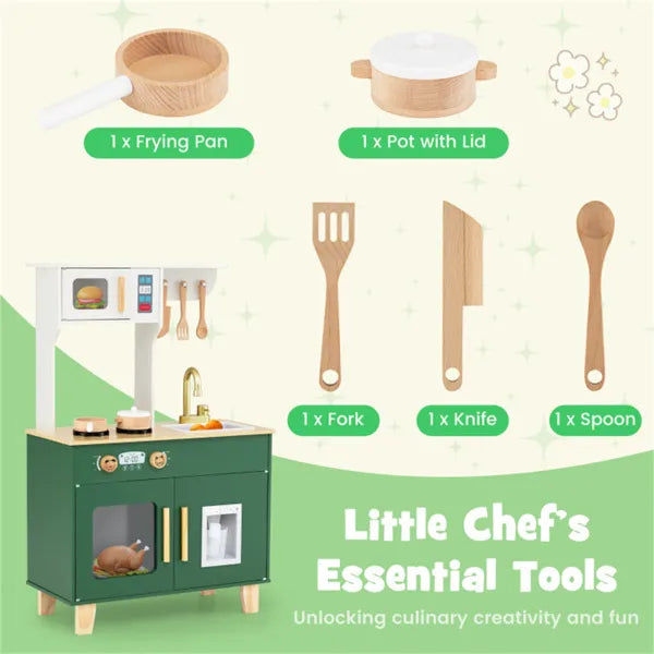 Green Kids Play Kitchen With Realistic Faucet & Ice Dispenser, Anti-Tipping Pretend Cooking Set For Ages 3-6