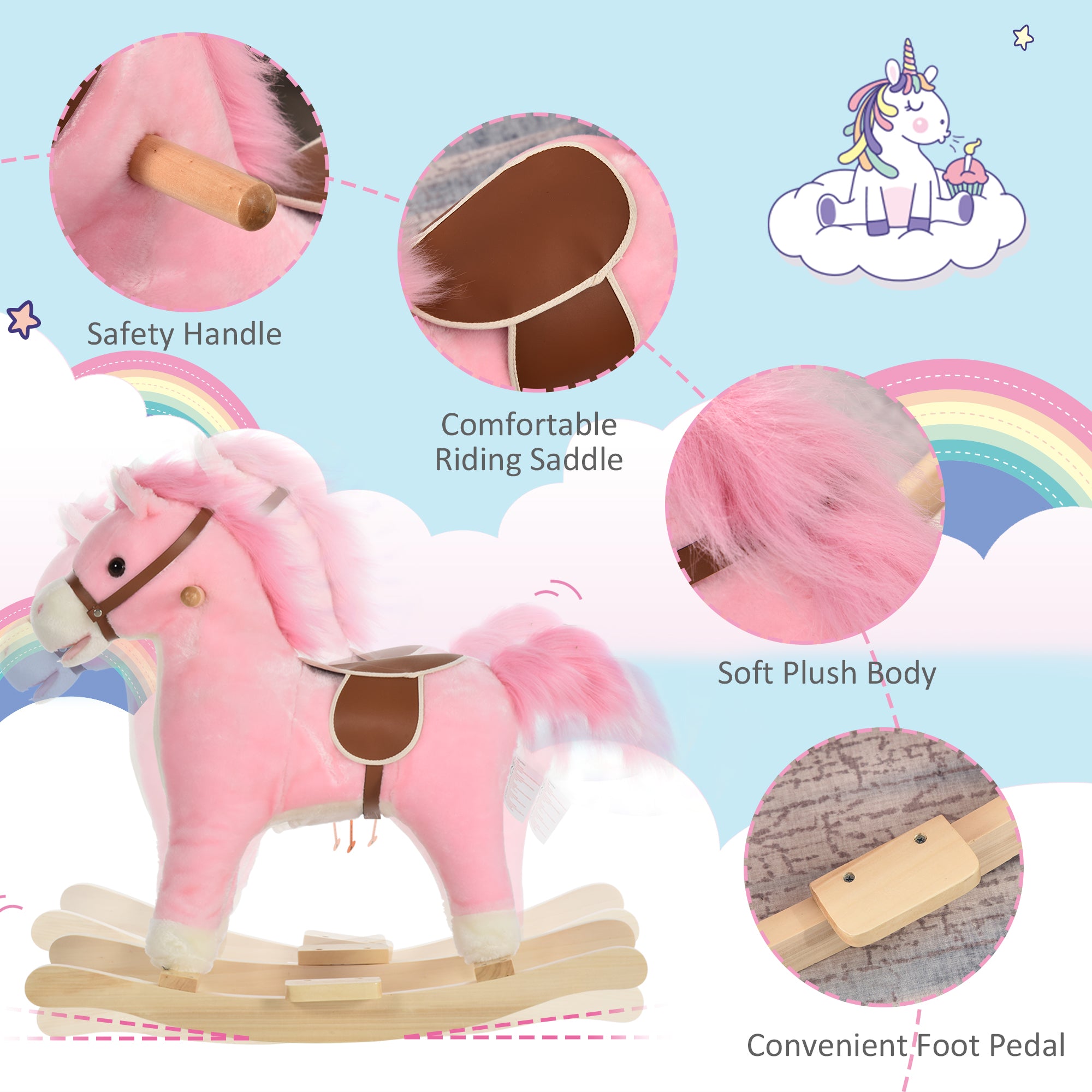 Rocking Horse Plush Animal on Wooden Rockers, Baby Rocking Chair with Sounds, Moving Mouth, Wagging Tail, Pink