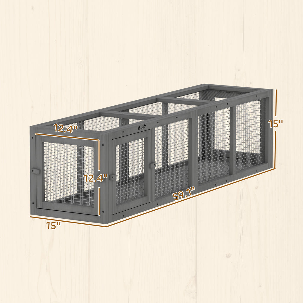 Outdoor Cat Tunnel, 59" Wooden Play Cat Enclosure, Extendable Pet Run With 3 Doors For Kitty, Puppy, Gray