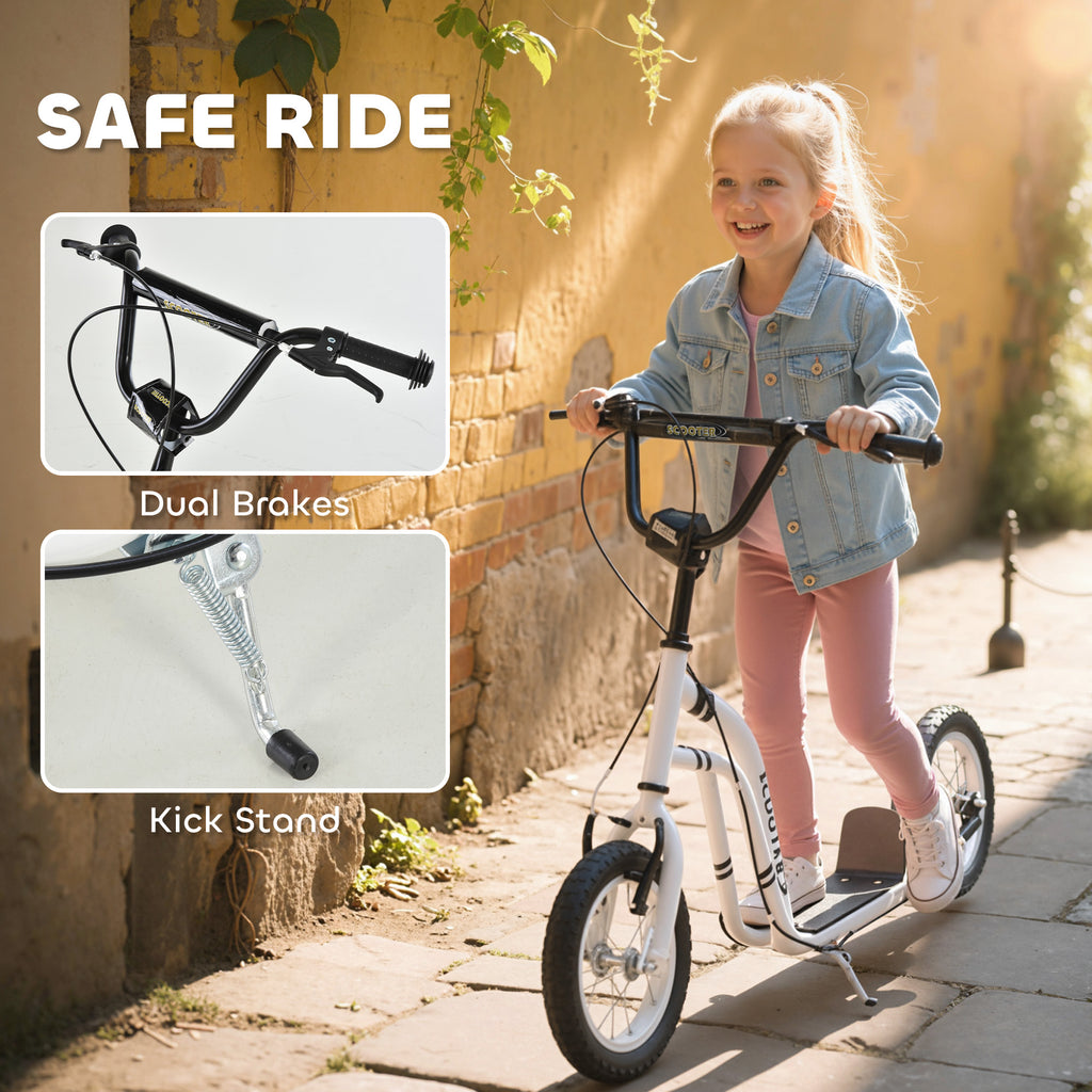 Youth Scooter Front and Rear Caliper Dual Brakes 12-Inch Inflatable Front Wheel Ride On Toy For Age 5+ - White