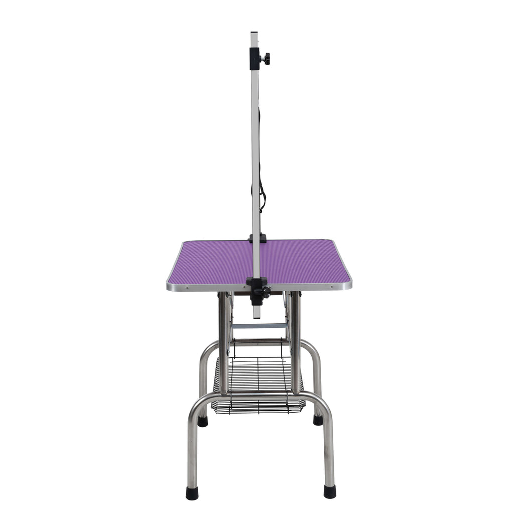 46  Folding Dog Pet Grooming Table Stainless Steel Frame Rubber Mat On Board With Adjustable Arm And Clamps Pet Dog Cat Grooming Table  PURPLE COLOR