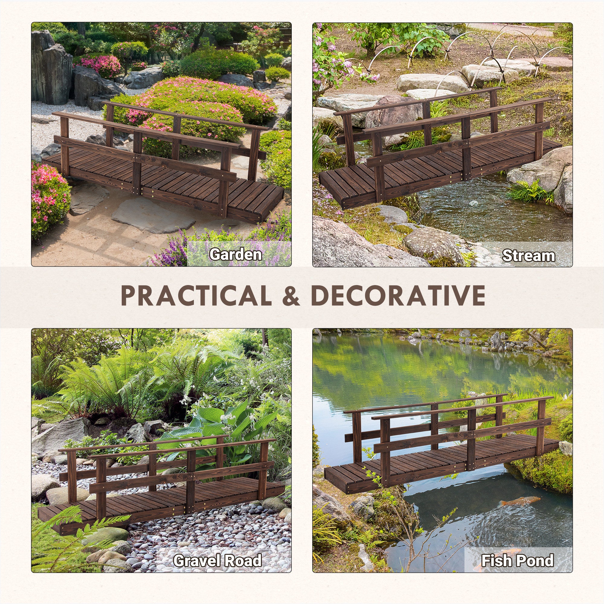 7' Garden Bridge with Pine Wood and Stained Finish for Backyard Ponds Creeks Streams Wood