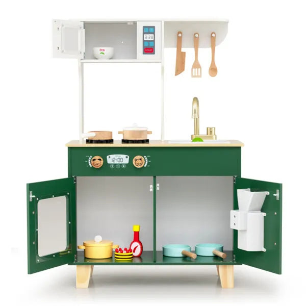 Green Kids Play Kitchen With Realistic Faucet & Ice Dispenser, Anti-Tipping Pretend Cooking Set For Ages 3-6