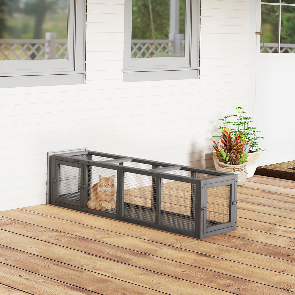 Outdoor Cat Tunnel, 59" Wooden Play Cat Enclosure, Extendable Pet Run With 3 Doors For Kitty, Puppy, Gray