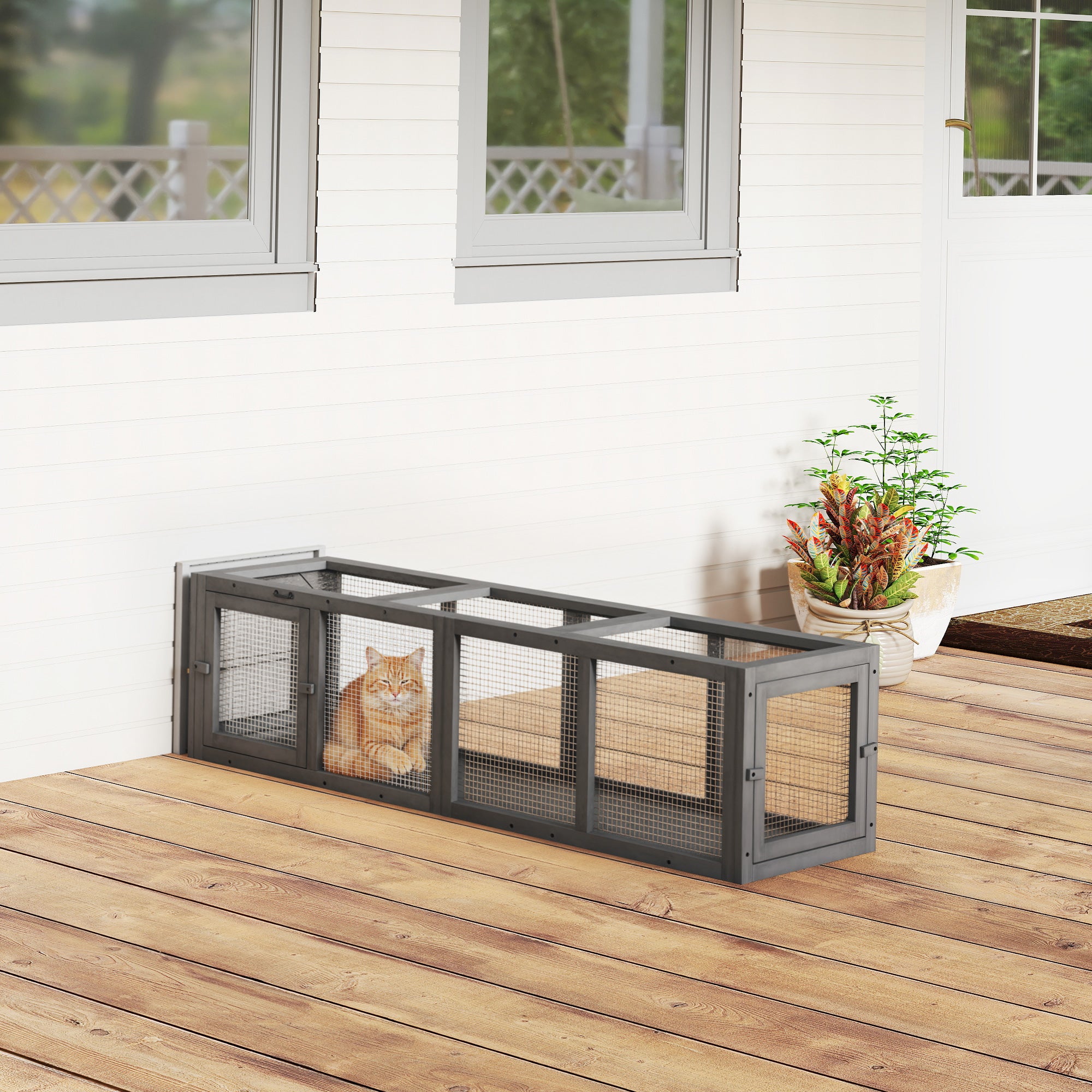 Outdoor Cat Tunnel, 59" Wooden Play Cat Enclosure, Extendable Pet Run With 3 Doors For Kitty, Puppy, Gray