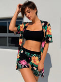 New European And American Style Women's Swimsuit, High-Waisted Two-Piece With Print, Multi-Color Mesh, Sun-Protective Cover-Up Three-Piece Set