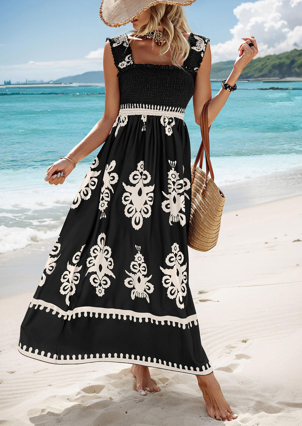 2026 NEW SUMMER Palace Style Printed Square Neck Dress, Elegant Lace Printed Hem, Soft Elastic Body Shaping, Slip Dress, Sleeveless Dress, Suitable For SUMMER, Women's Wear