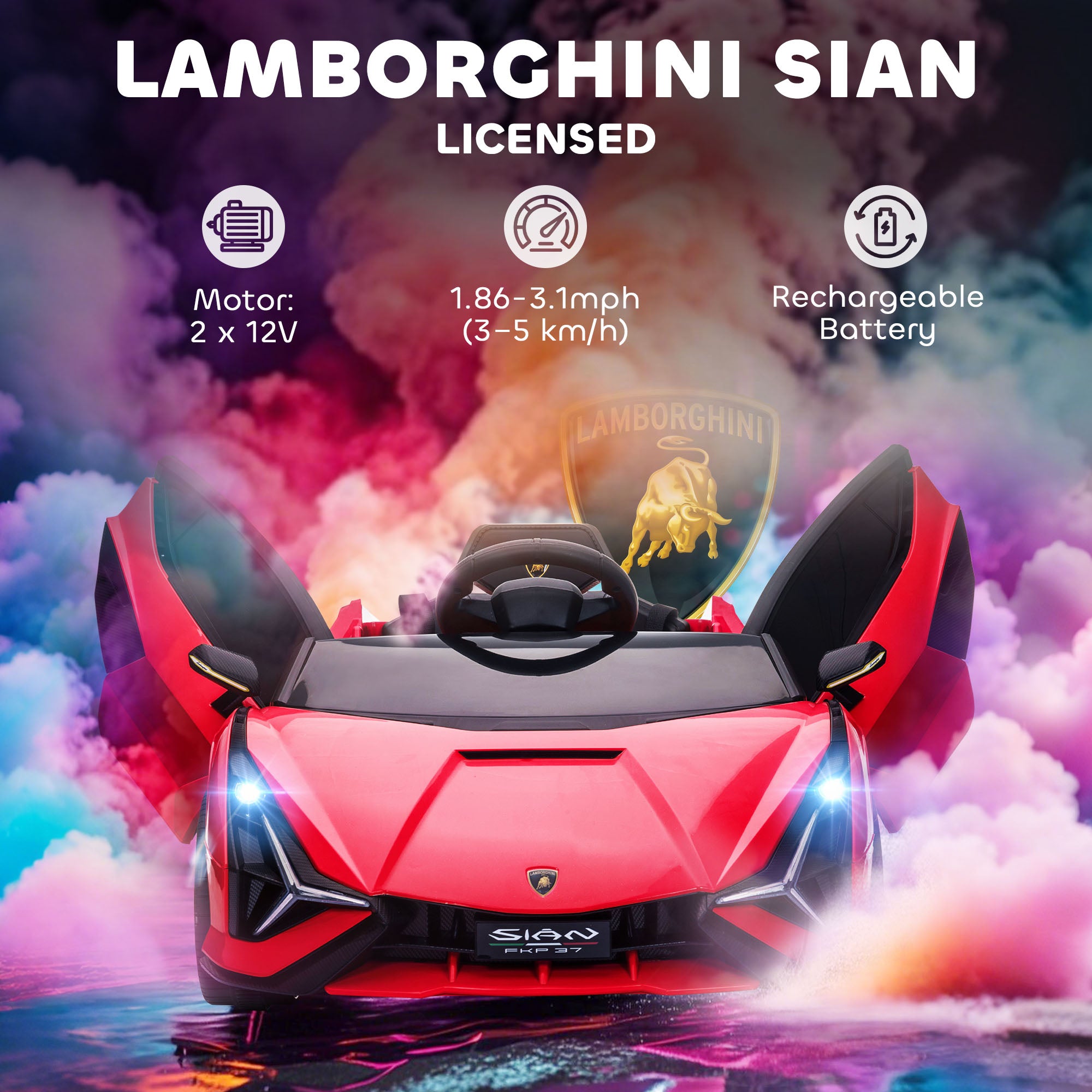 12V Lamborghini SIAN Licensed Electric Car for kids with Remote Control, Horn, Music, & Headlights, Red