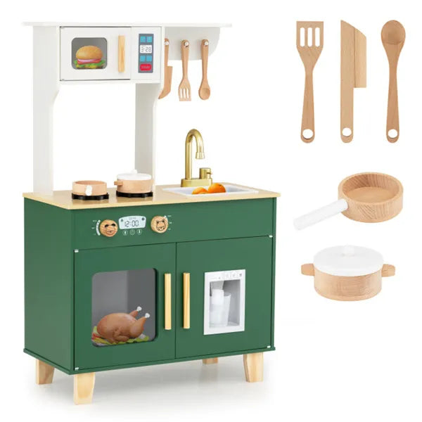 Green Kids Play Kitchen With Realistic Faucet & Ice Dispenser, Anti-Tipping Pretend Cooking Set For Ages 3-6