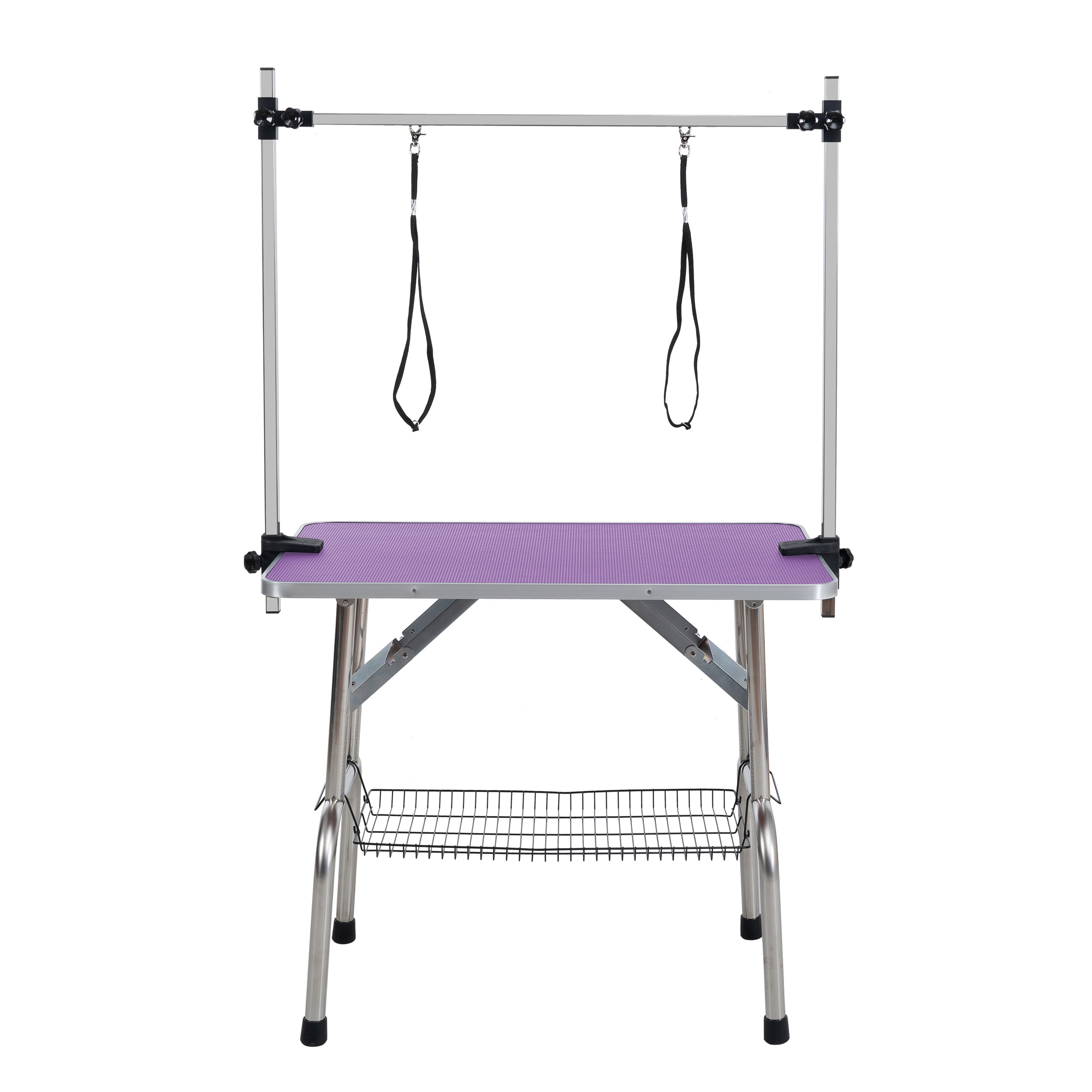 46  Folding Dog Pet Grooming Table Stainless Steel Frame Rubber Mat On Board With Adjustable Arm And Clamps Pet Dog Cat Grooming Table  PURPLE COLOR