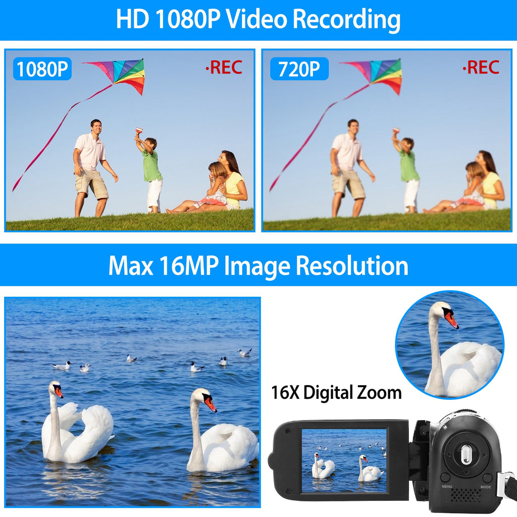 Black-Red Options - 1Pc HD 1080P Digital Video Camcorder 2.7in 16X Zoom DV Camera 270 Degree Rotation Rechargeable Kid Camera With Fill Light Selfie
