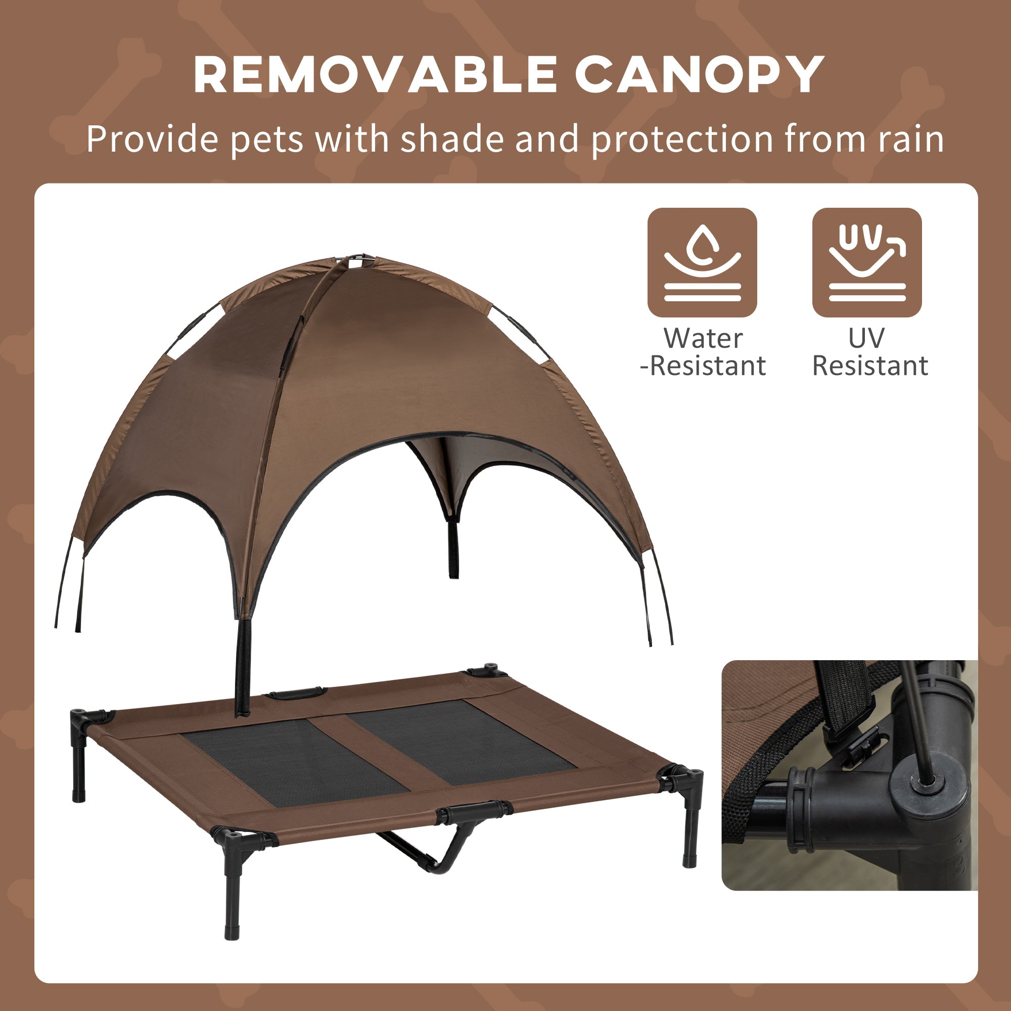 Elevated Portable Dog Cot Pet Bed With UV Protection Canopy Shade, 36 Inch, Coffee