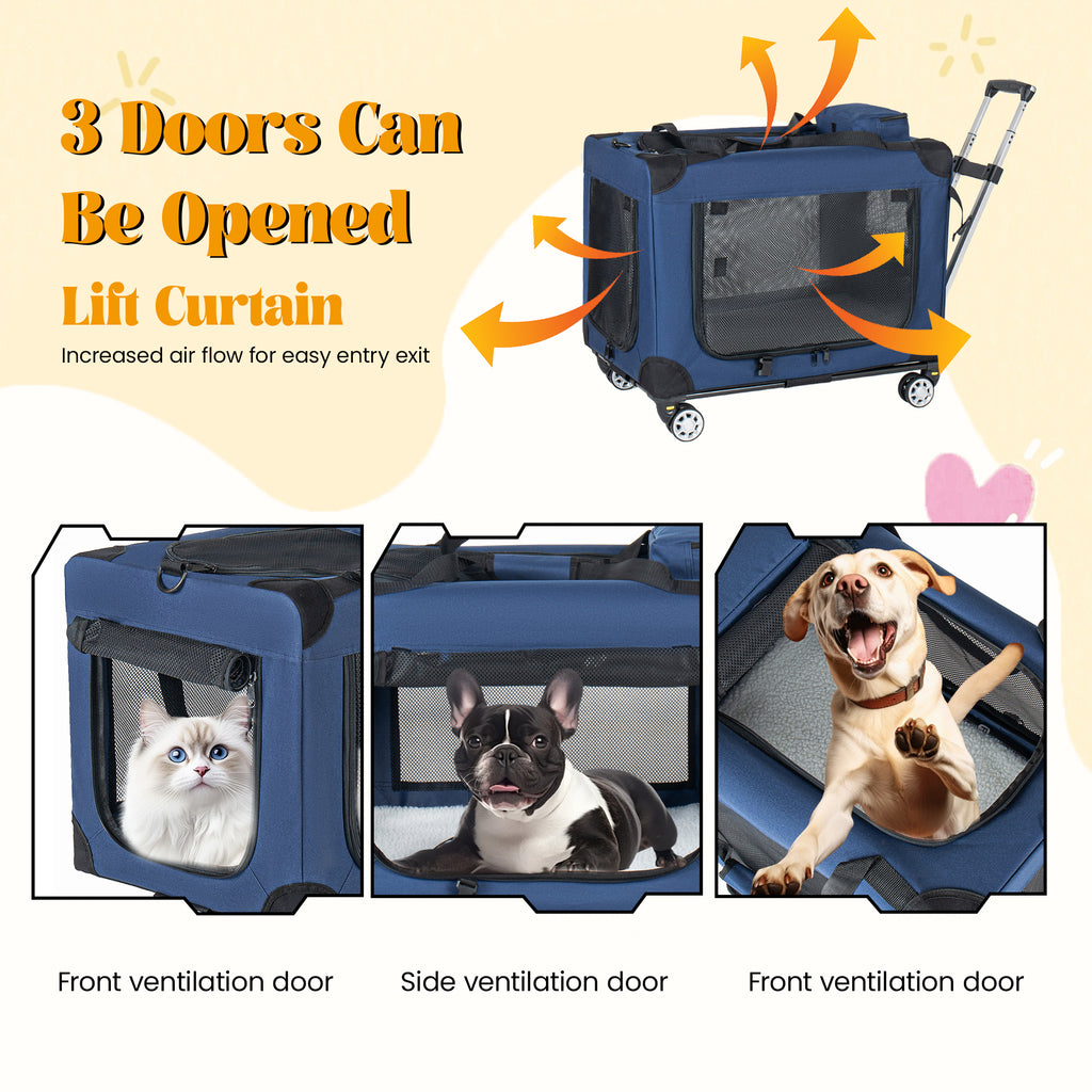 2 In 1, 24   Collapsible Travel Dog Crate For Medium Large Dogs, Rolling Pet Carrier With Wheels, 3-Door Portable Folding Pet Kennel With Mesh Windows, Indoor Outdoor Travel Use, Dark Blue