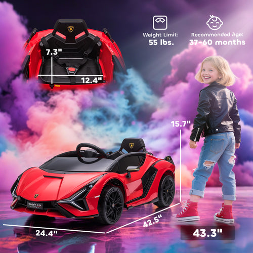 12V Lamborghini SIAN Licensed Electric Car for kids with Remote Control, Horn, Music, & Headlights, Red