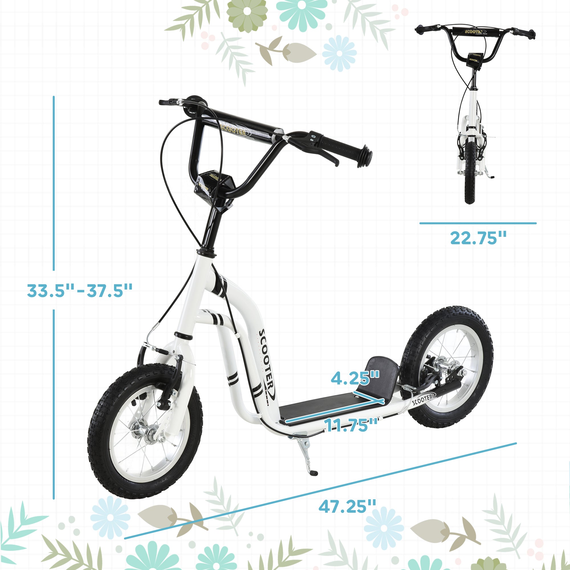 Youth Scooter Front and Rear Caliper Dual Brakes 12-Inch Inflatable Front Wheel Ride On Toy For Age 5+ - White