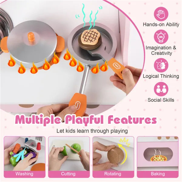 Pink Wooden Toddler Play Kitchen With Sink & Accessories, Safe Gift For Kids 3+