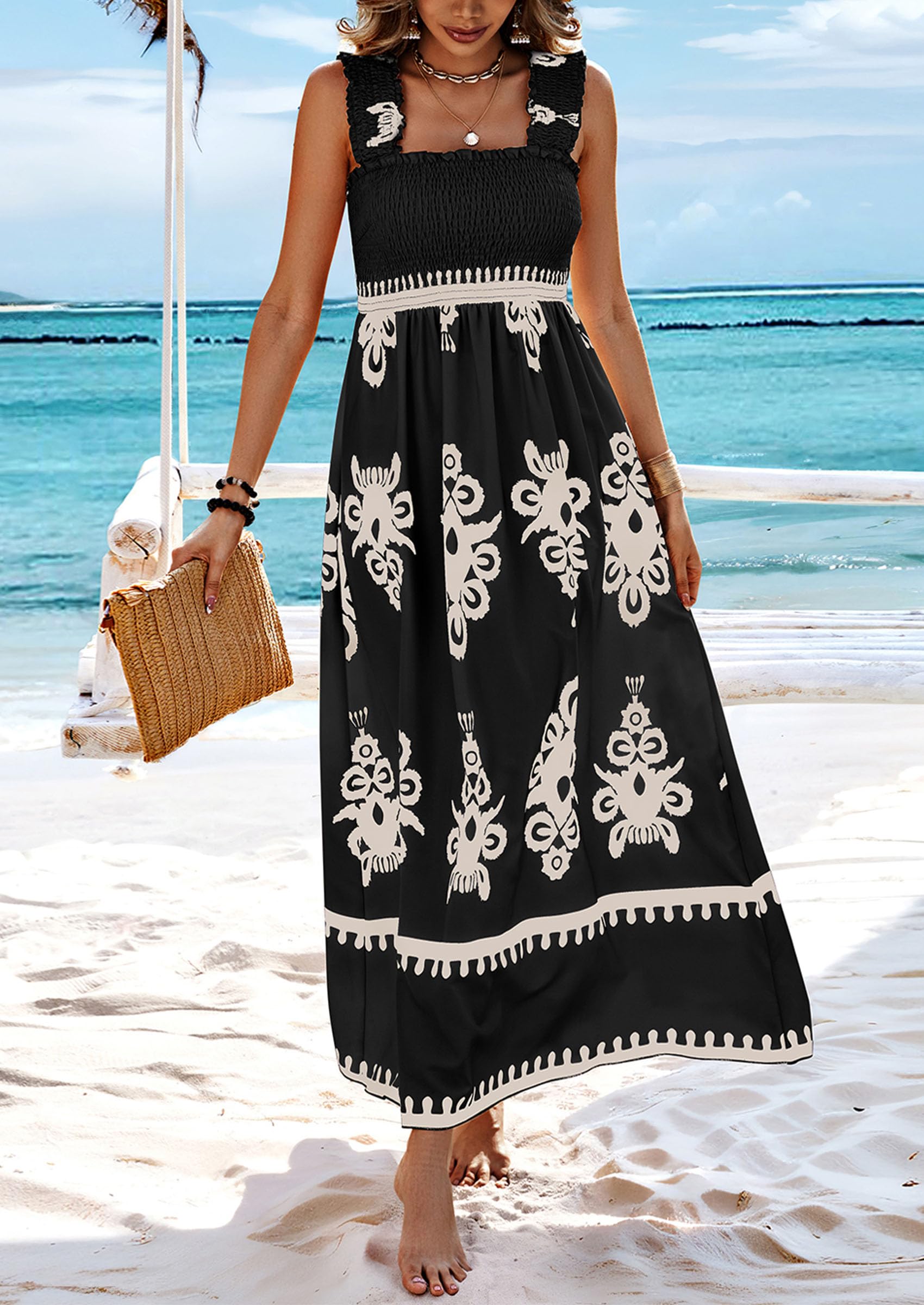 2026 NEW SUMMER Palace Style Printed Square Neck Dress, Elegant Lace Printed Hem, Soft Elastic Body Shaping, Slip Dress, Sleeveless Dress, Suitable For SUMMER, Women's Wear